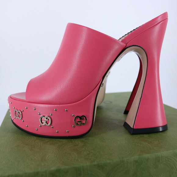 Gucci  37.5 Janaya Logo Studded pink GG Platform Heels Mules E800 - Picture 12 of 14